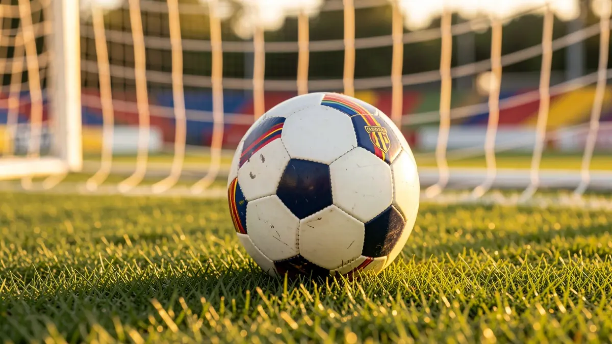 Imagen genérica de un balón de fútbol sobre césped con la red de portería desenfocada.