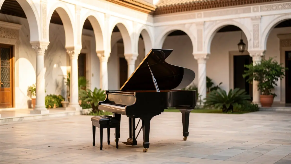 Courtyard of the Arrayanes at the Granada Festival with a grand piano.