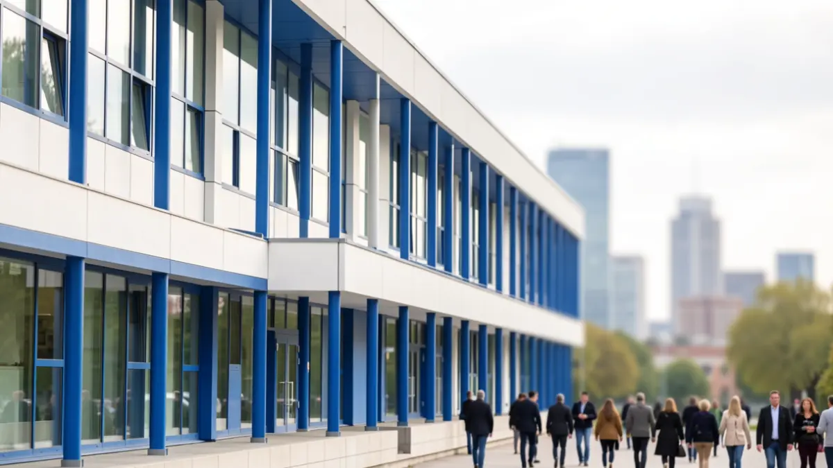 Fachada de un edificio universitario moderno con detalles azules y blancos, simbolizando la conexión entre academia e industria.