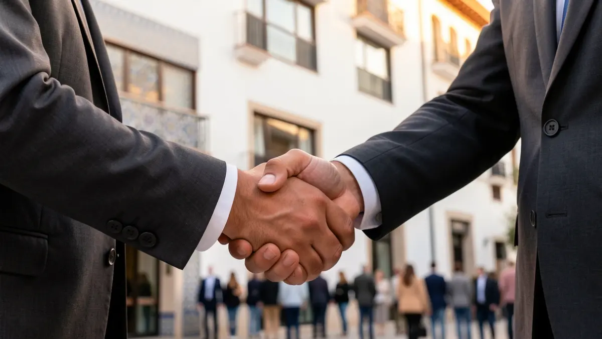 Imagen de un apretón de manos entre dos personas en un entorno empresarial con arquitectura andaluza de fondo.