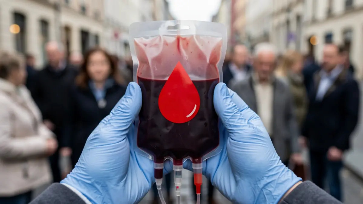 Blood bag with a red drop symbol, held by gloved hands.