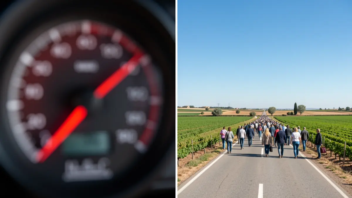Split image: one side shows a blurred car speedometer in the red zone, the other a safe road in Andalusia.