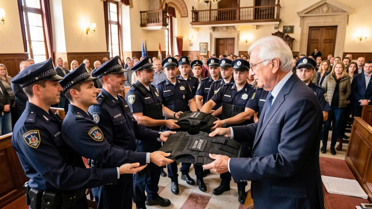 Image of new local police officers receiving bulletproof vests in Chiclana.