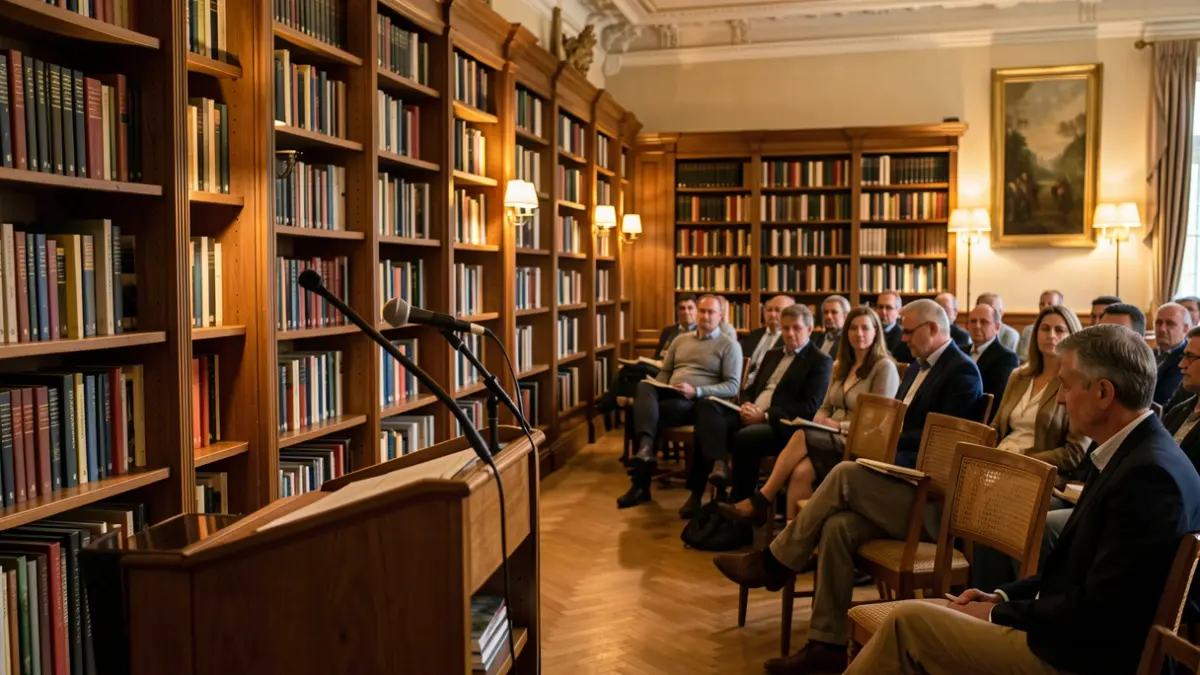 Imagen genérica de una sala de actos o biblioteca con ambiente cultural.