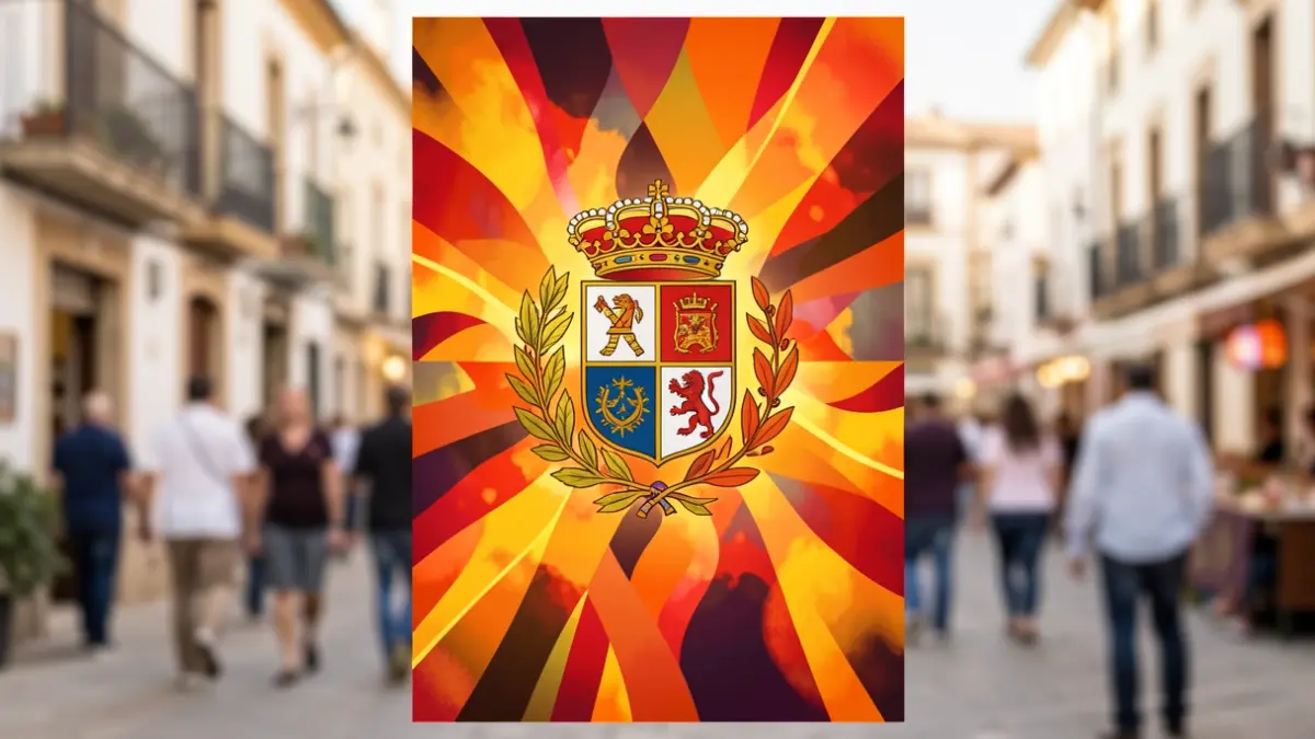 Diseño de cartel para la Real Feria de San Mateo 2026 con el escudo de Alcalá la Real y elementos festivos abstractos.