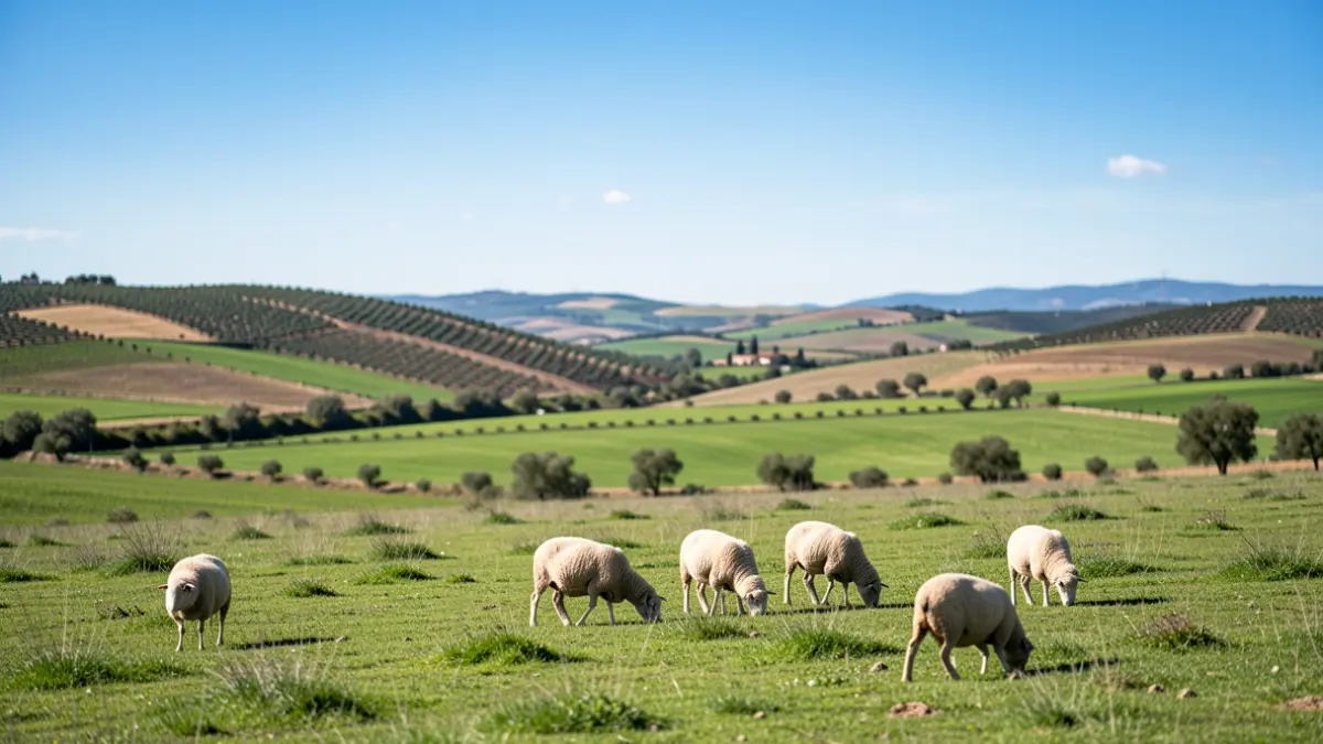 Paisaje rural andaluz con pastos verdes y ovejas.