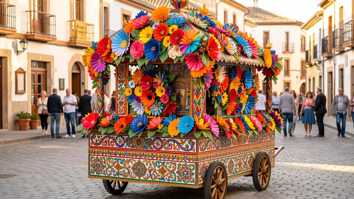 Carroza tradicional decorada con flores de papel y motivos andaluces en una plaza de pueblo.