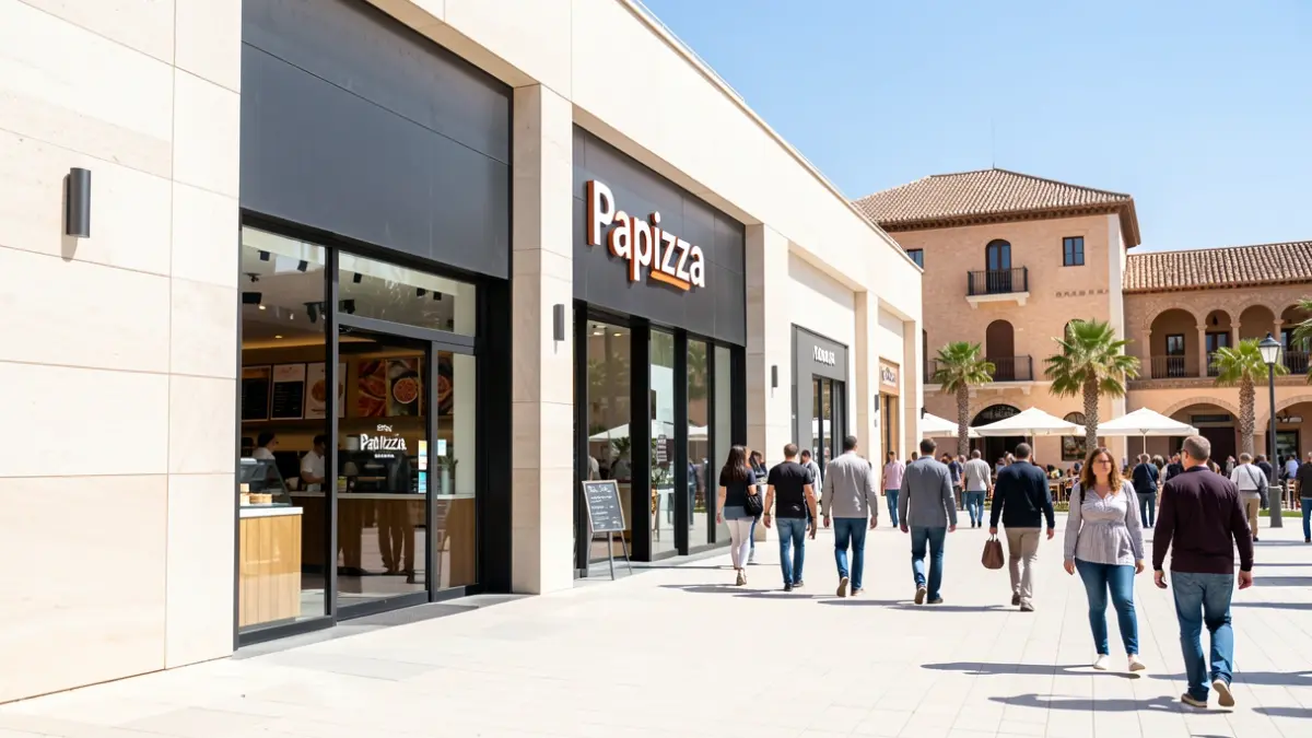 Fachada de un nuevo local de pizza llamado 'Papizza' en un centro comercial.