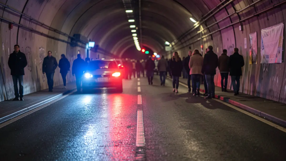 Generic image of emergency lights reflecting on wet asphalt inside a tunnel at night.