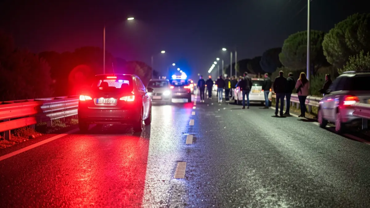 Imagen genérica de luces de emergencia policiales reflejándose en el asfalto mojado por la noche.