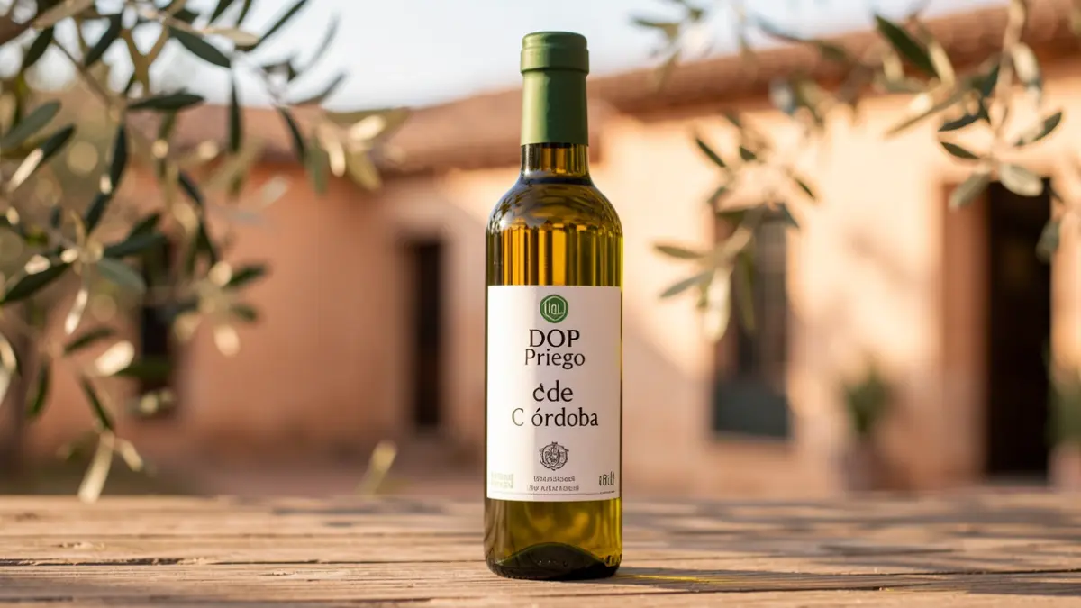 Botella de aceite de oliva virgen extra con la etiqueta DOP Priego de Córdoba.