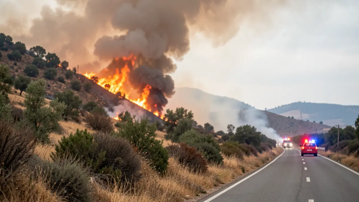 Incendio forestal en la sierra de Córdoba con gran columna de humo.