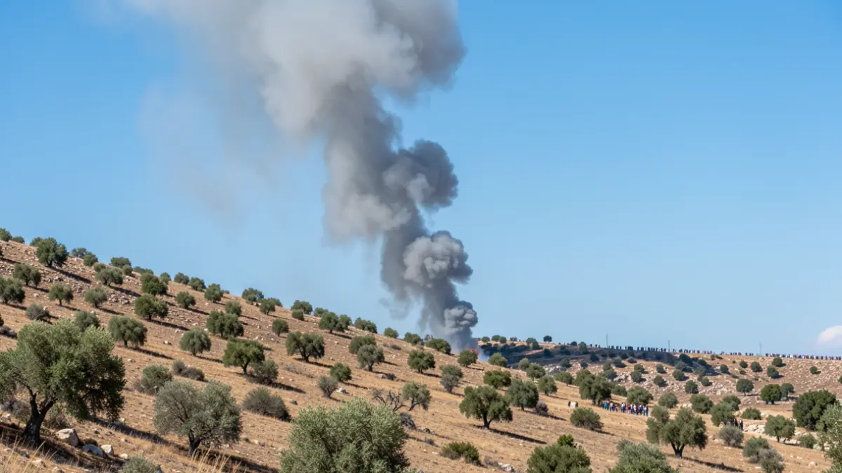 Column of smoke rising over a Mediterranean hillside during a forest fire.