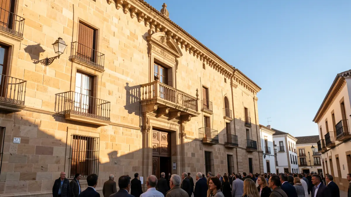 Facade of an Andalusian town hall with a balcony and iron railings, under the afternoon sun.