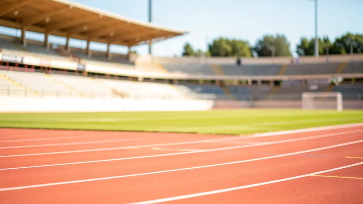 Pista de atletismo en Andalucía con luz solar brillante y gradas desenfocadas.