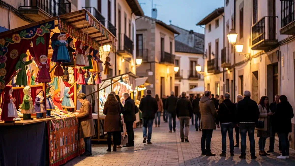 Escena de plaza con decoración de teatro de títeres y gente al atardecer.