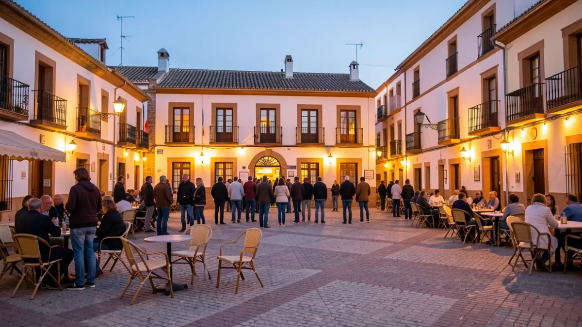 Imagen genérica de una plaza de pueblo andaluz al atardecer con luces cálidas.