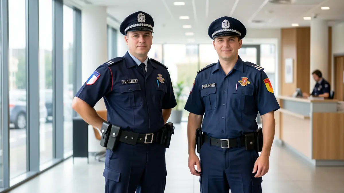 German police officer, French police officer, and a Spanish National Police officer in a police station.