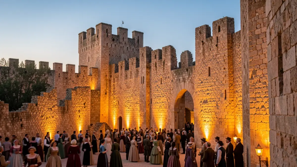 Ruinas del castillo medieval de Aguilar de la Frontera iluminadas al atardecer.