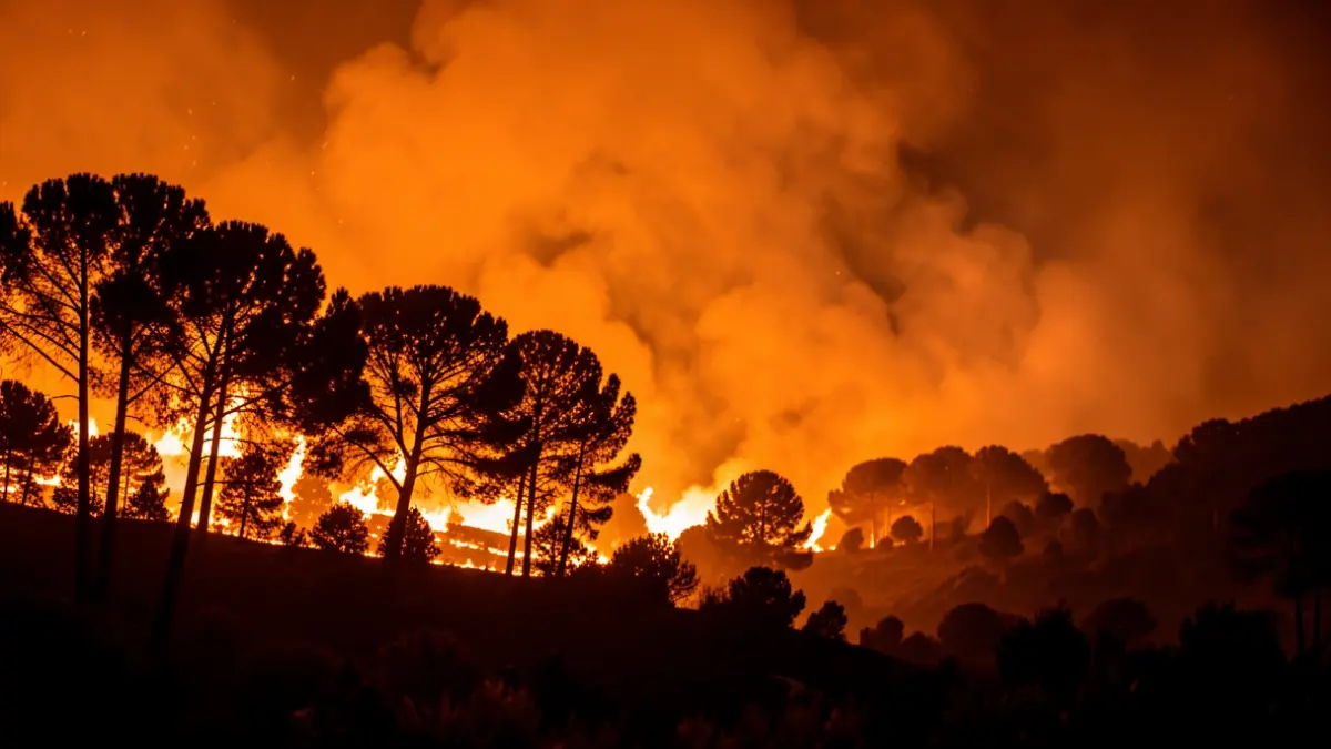Imagen genérica de un incendio forestal nocturno con humo y llamas.