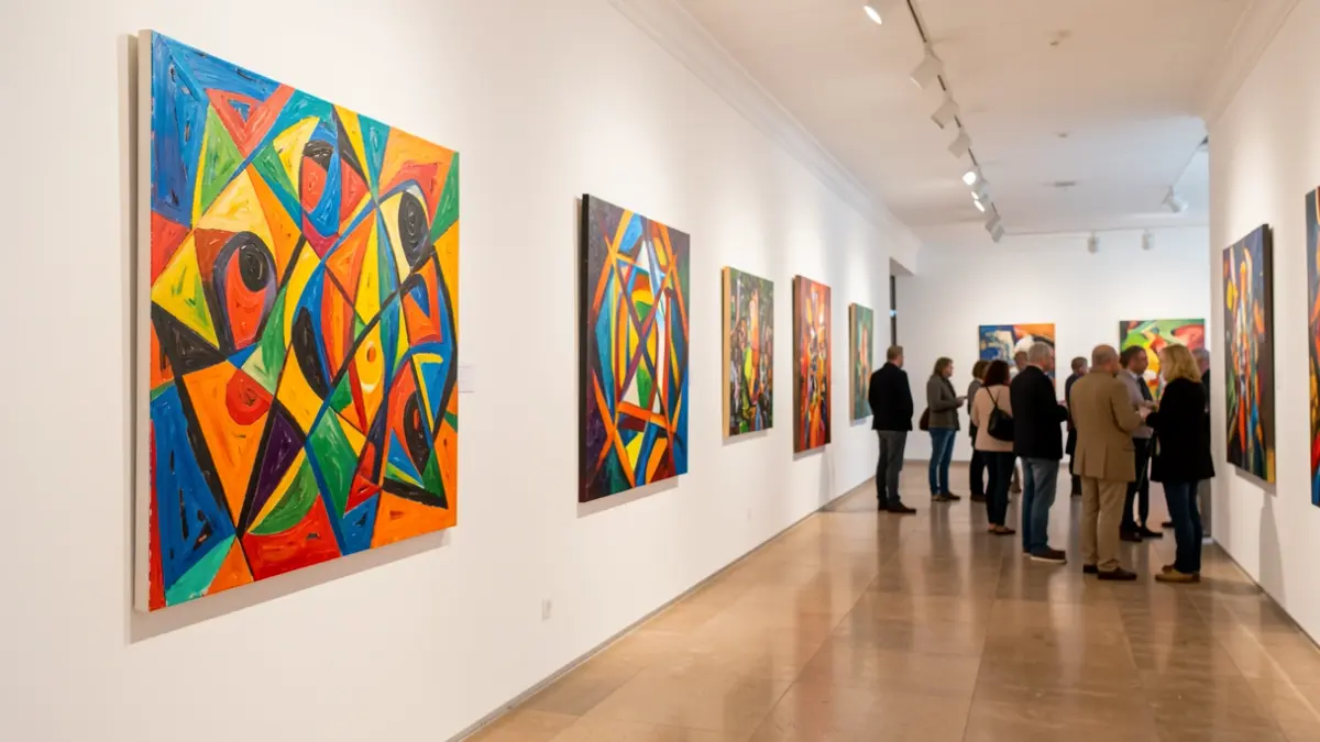 Imagen genérica de una sala de exposiciones de arte con cuadros abstractos.