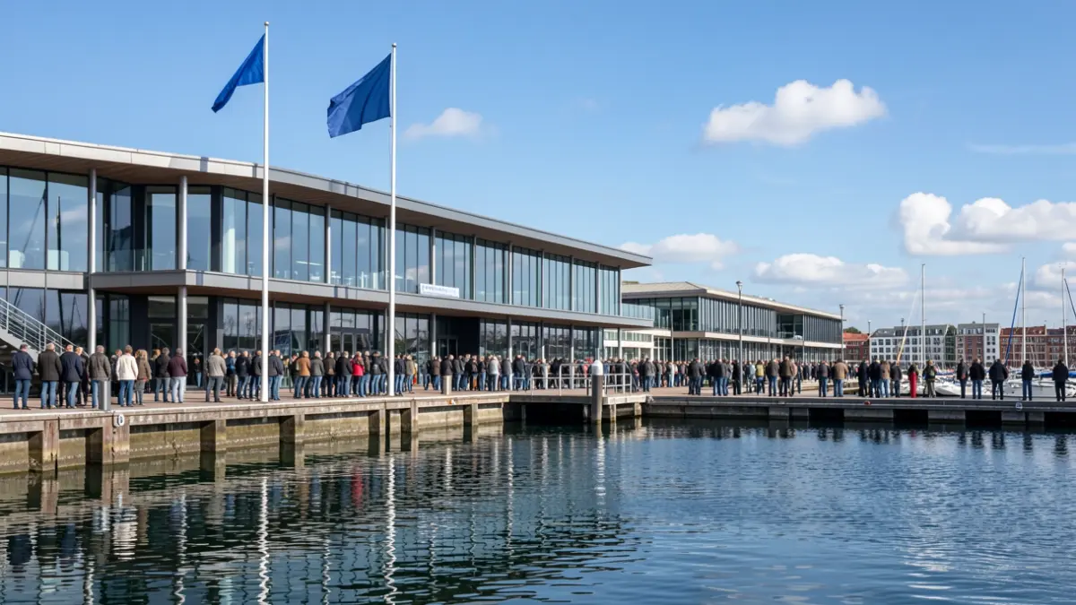 Facade of a marina with a Blue Flag hoisted.