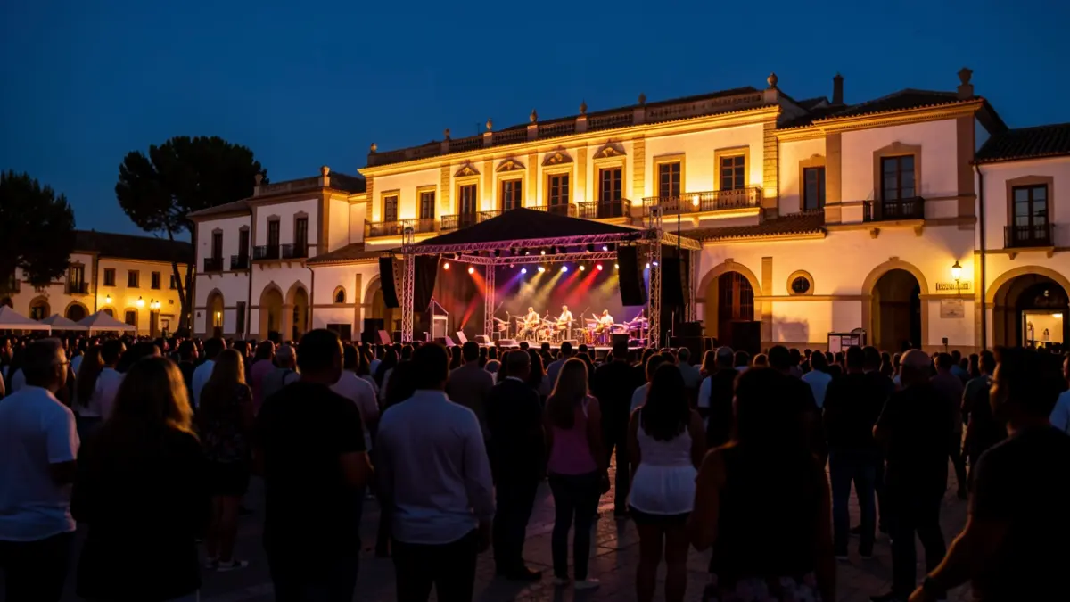 Outdoor concert scene in Alcalá de Guadaíra with the Teatro Auditorio Riberas del Guadaíra illuminated.