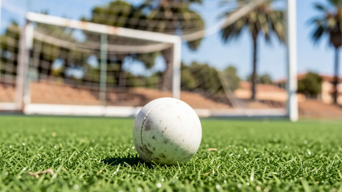 Generic image of a field hockey ball on a sports field.