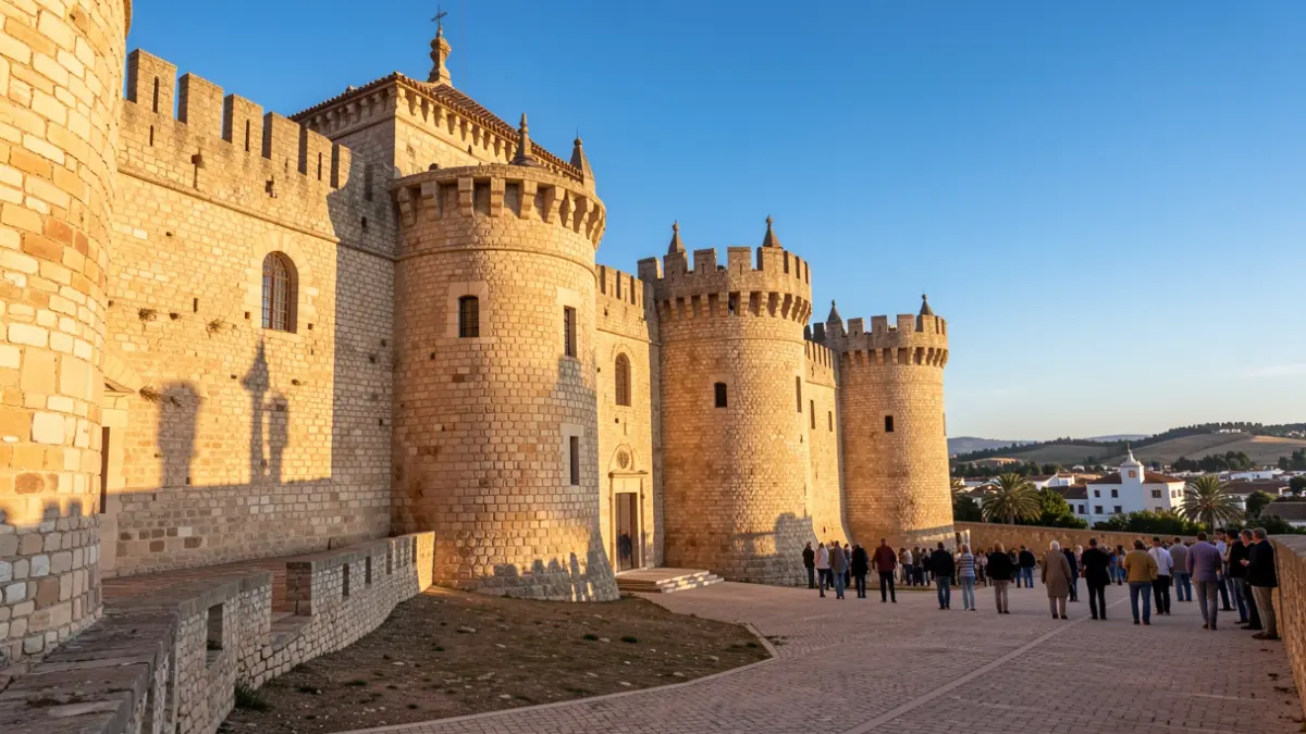 Facade of the Fortaleza de la Mota in Alcalá la Real under the afternoon sun.