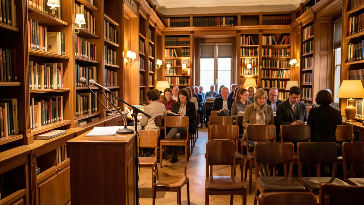 Escenario cultural en un espacio interior con iluminación cálida y ambiente de lectura.