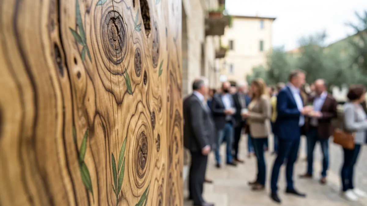 Olive wood texture with green leaves, representing the olive oil heritage.