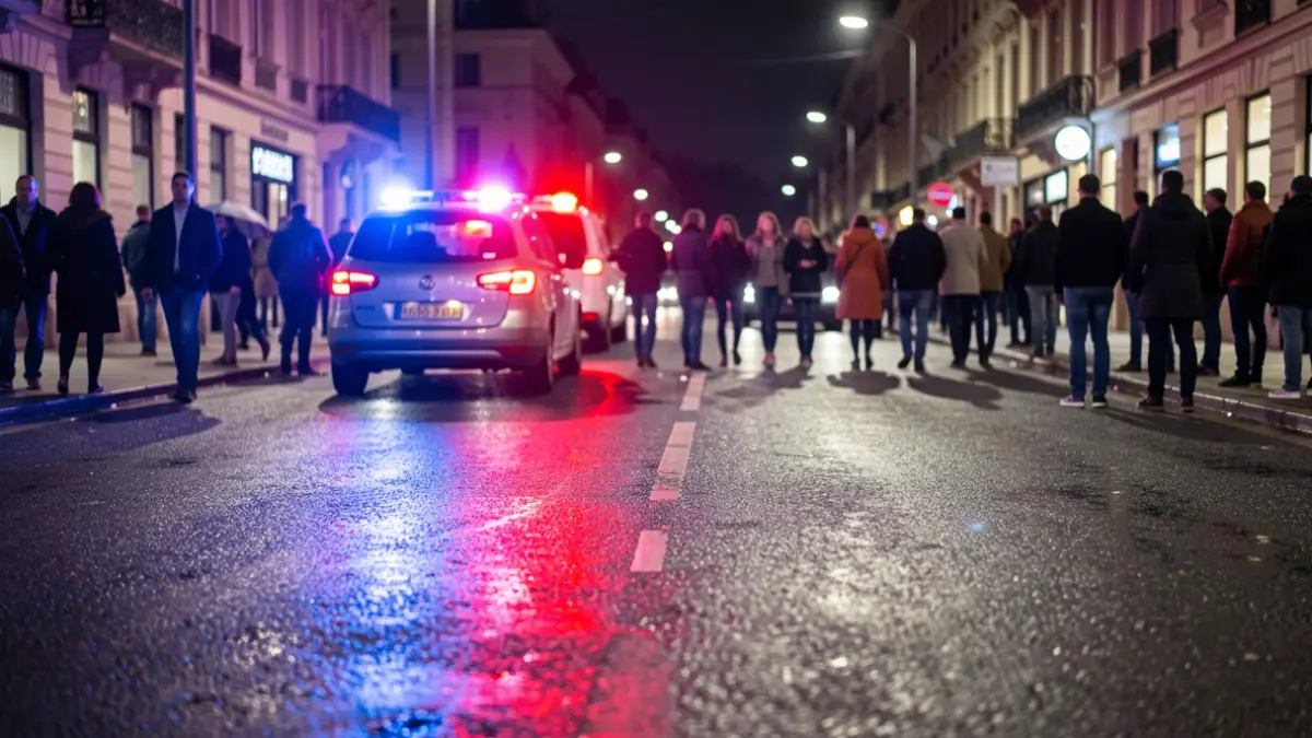 Imagen genérica de luces de emergencia policiales reflejando en asfalto mojado por la noche.