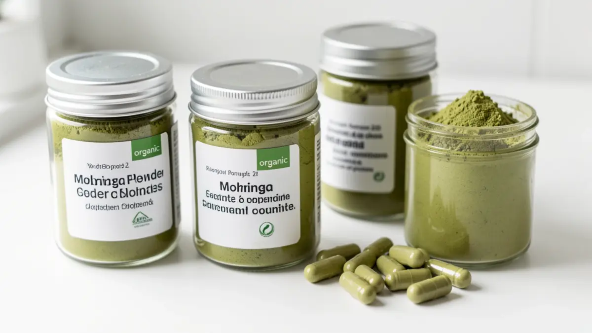 Imagen genérica de productos de moringa en polvo y cápsulas.
