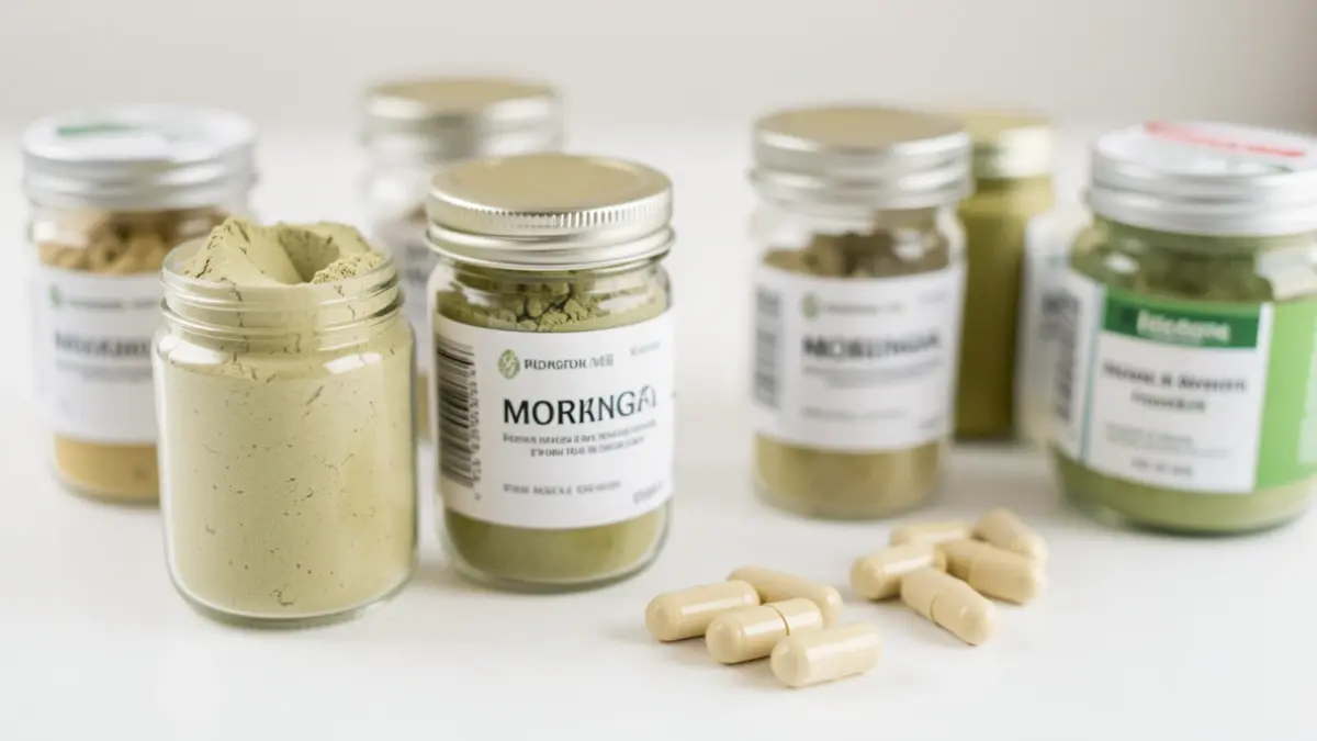 Generic image of moringa powder products and capsules.