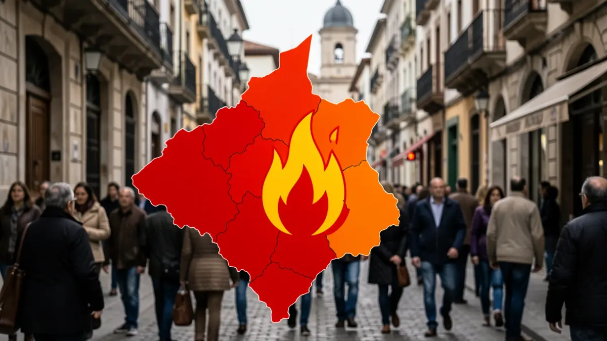 Map of the province of Córdoba with areas in red and orange indicating extreme and very high forest fire risk.