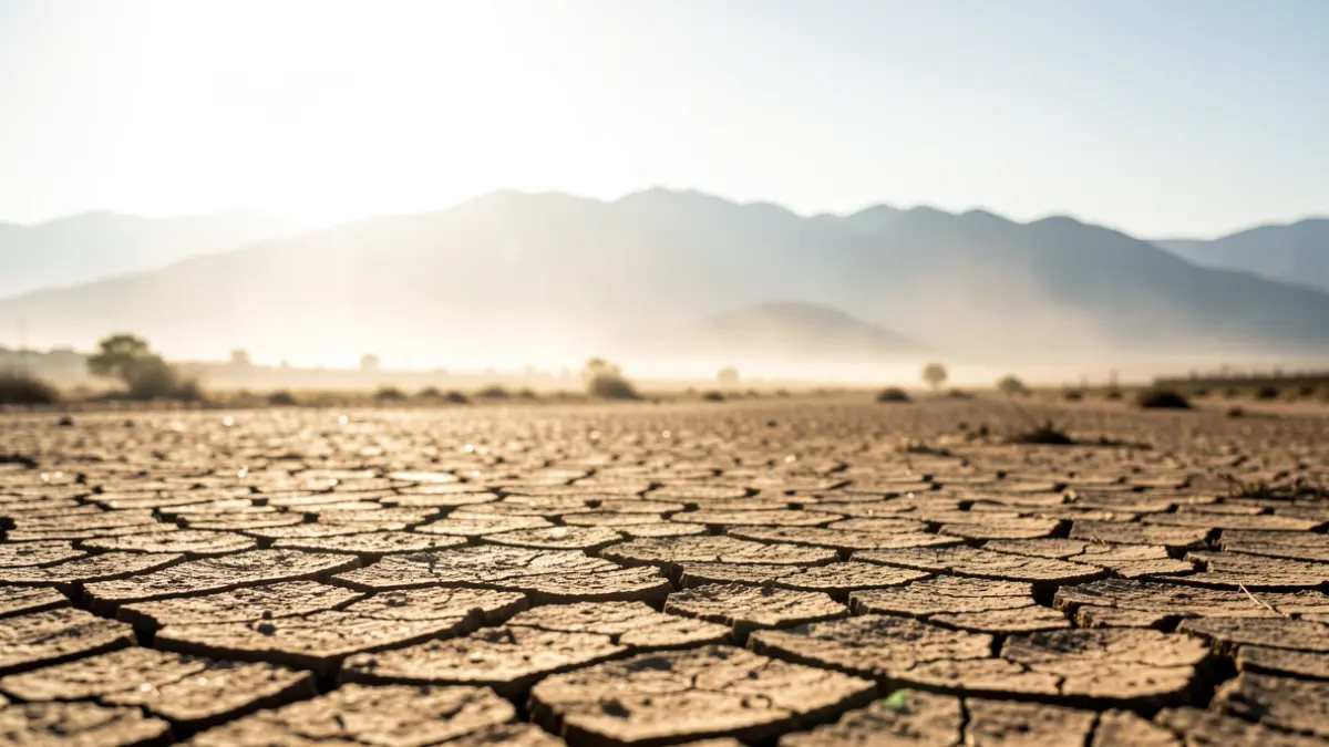 Hazy sky over dry, cracked earth in Andalusia with intense sunlight.