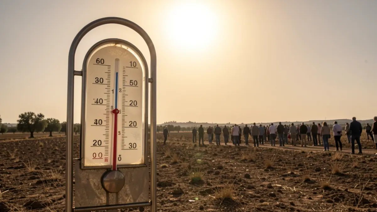 Thermometer showing extreme temperatures in a dry Andalusian landscape under an intense sun.