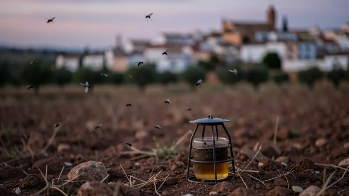 Mosquitoes near a trap in an Andalusian rural landscape at dusk.