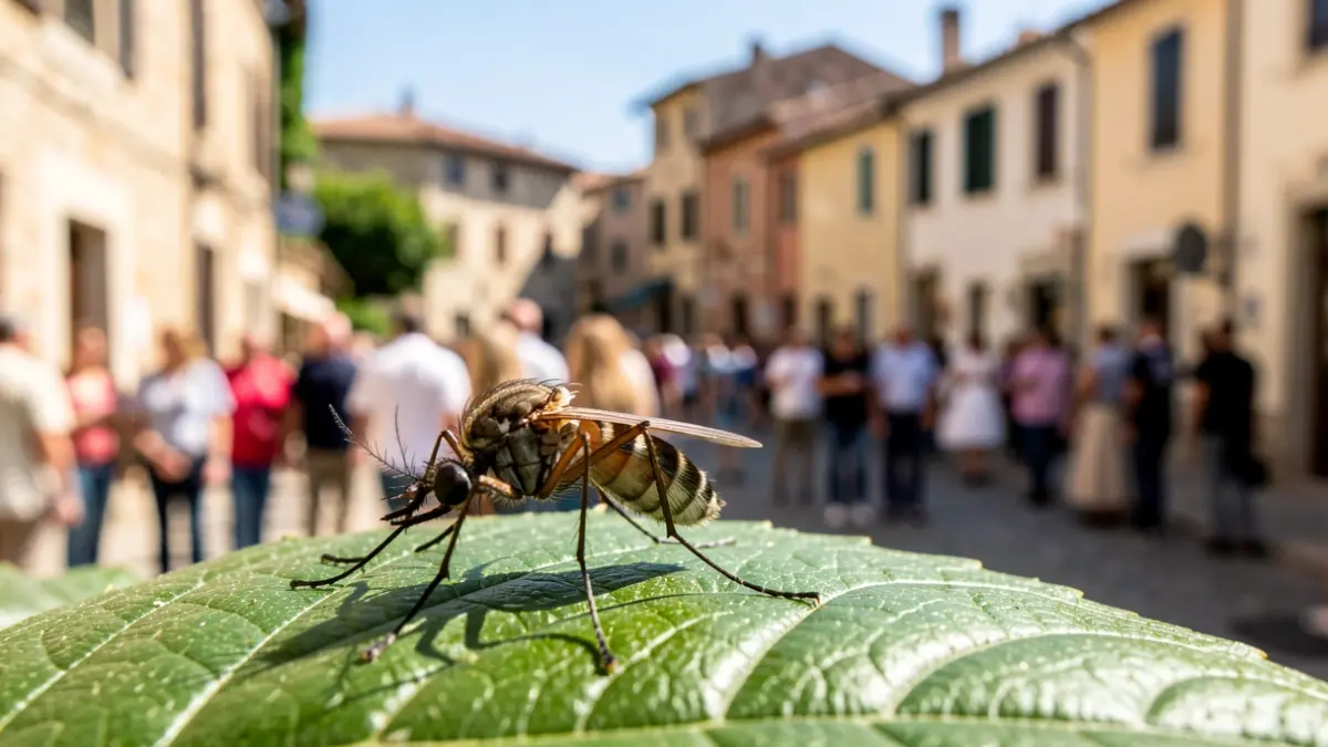Mosquito transmitting the Nile virus on a leaf, with the town of Salobreña in the background.