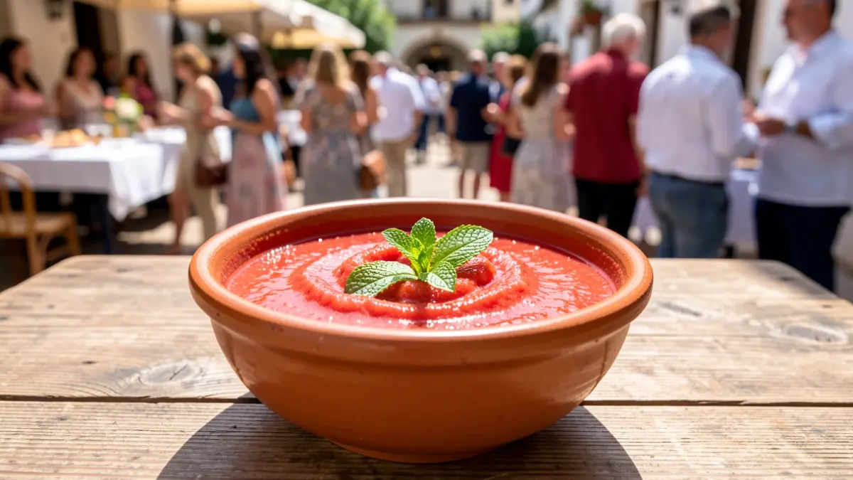 Traditional bowl of gazpacho with mint on a rustic table.