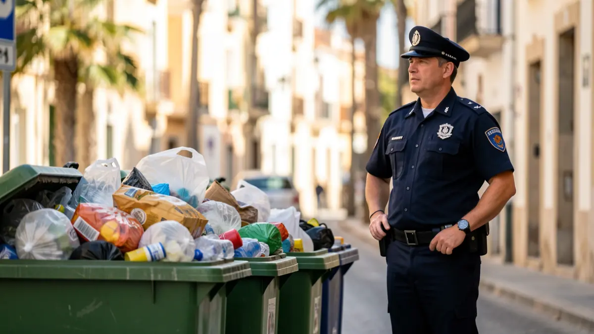 Plainclothes police officer monitoring overflowing trash containers in Algeciras under the sun.