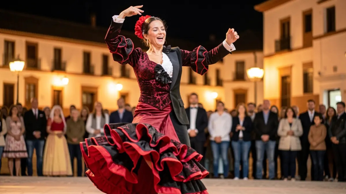Image of a flamenco dancer performing in the Plaza de San Isidro in Algeciras during the Campo de Gibraltar Flamenco Festival.