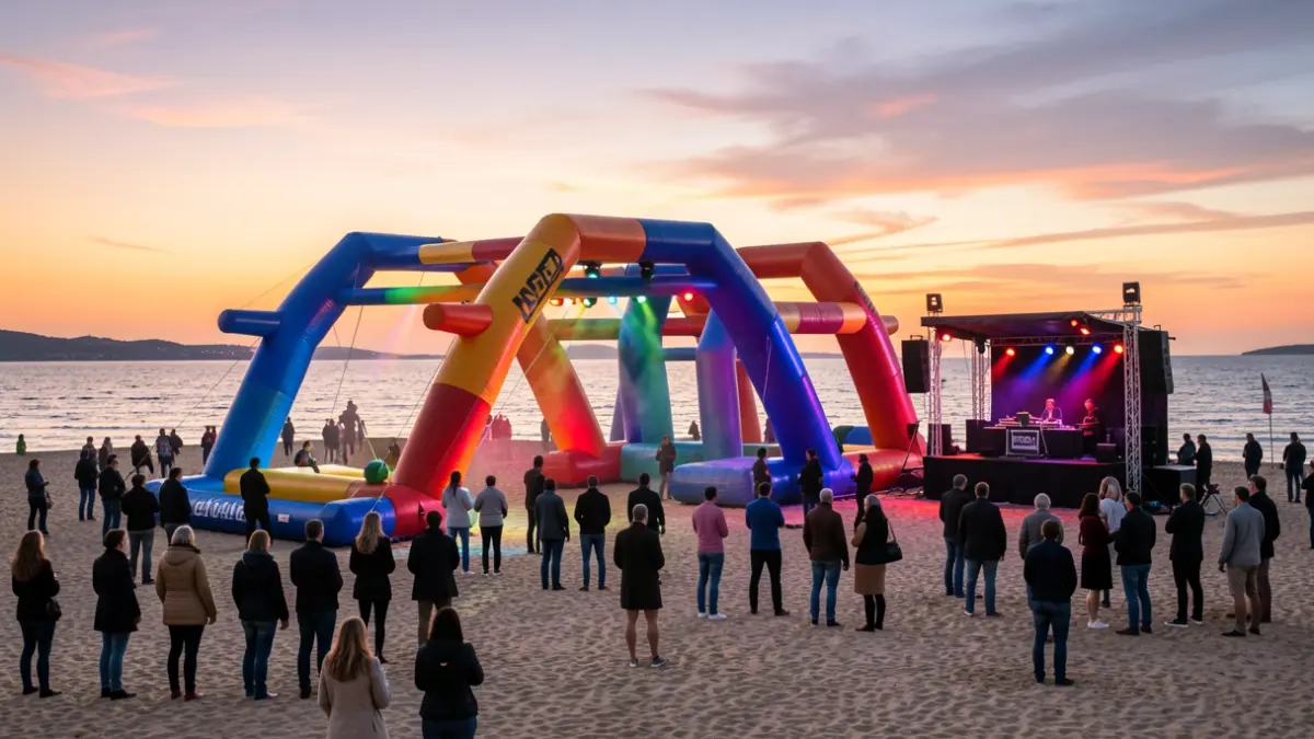 Imagen de un gran circuito inflable de Ninja Warrior en la playa de La Concha, Algeciras, con un DJ y luces.