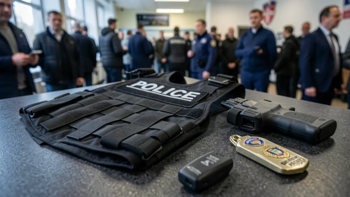 Tactical equipment of the Alhaurín de la Torre Local Police, including a bulletproof vest and weaponry.
