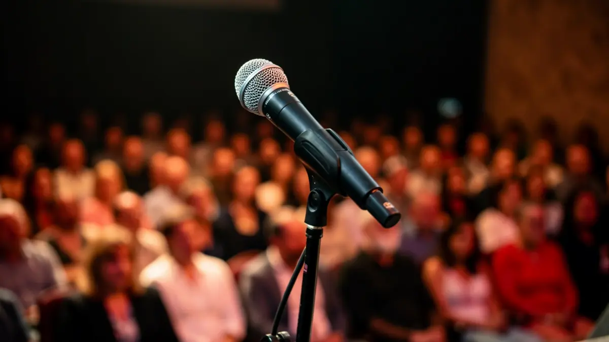 Imagen de un micrófono en un escenario durante un evento de freestyle.