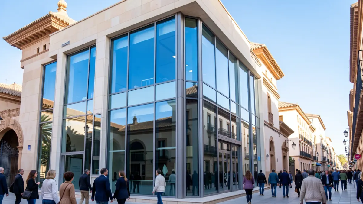 Fachada de un edificio moderno con grandes ventanales que reflejan el cielo azul, simbolizando la innovación en la gestión del agua.
