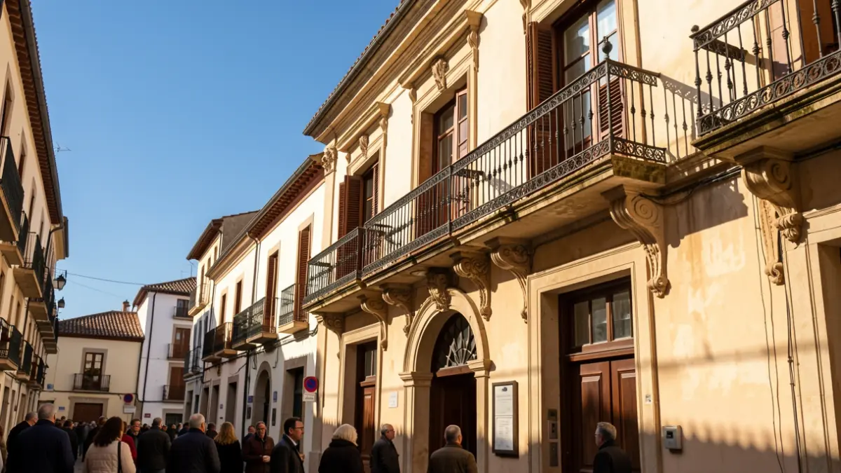 Facade of an Andalusian town hall with ornate balconies and iron railings, under warm afternoon light.
