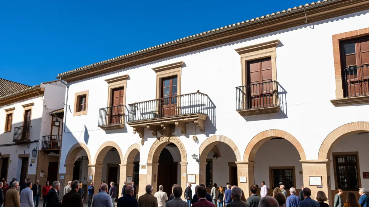 Fachada de un ayuntamiento andaluz con balcón y cielo azul.