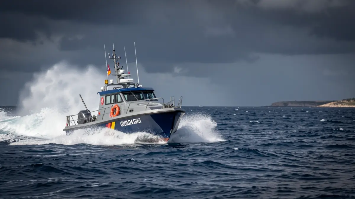Embarcación de la Guardia Civil enfrentándose a una narcolancha en alta mar.