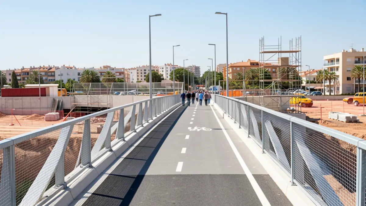 New pedestrian and cyclist overpass under construction in Almería, featuring a bike lane and anti-vandalism enclosure.